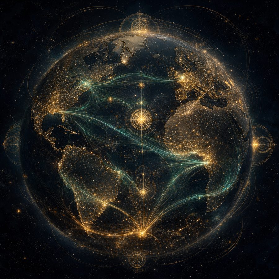 World map with astrocartography planetary lines overlaid