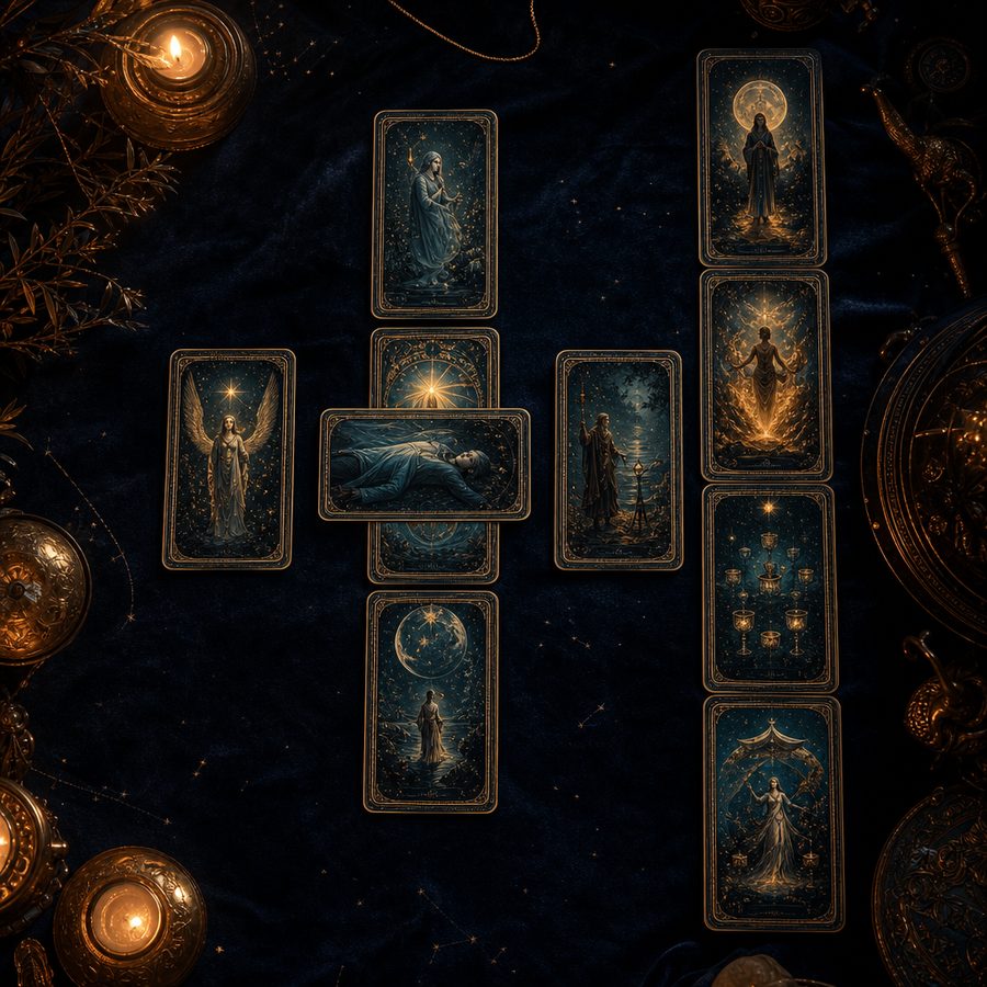 Celtic Cross ten card tarot spread laid out on a table