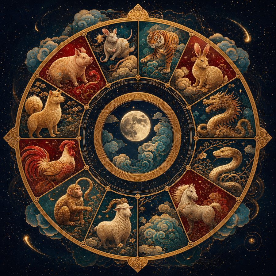 Chinese zodiac animals and element wheel