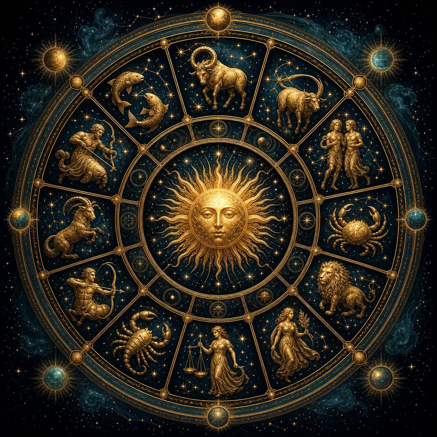 Zodiac wheel with all twelve signs for daily horoscopes