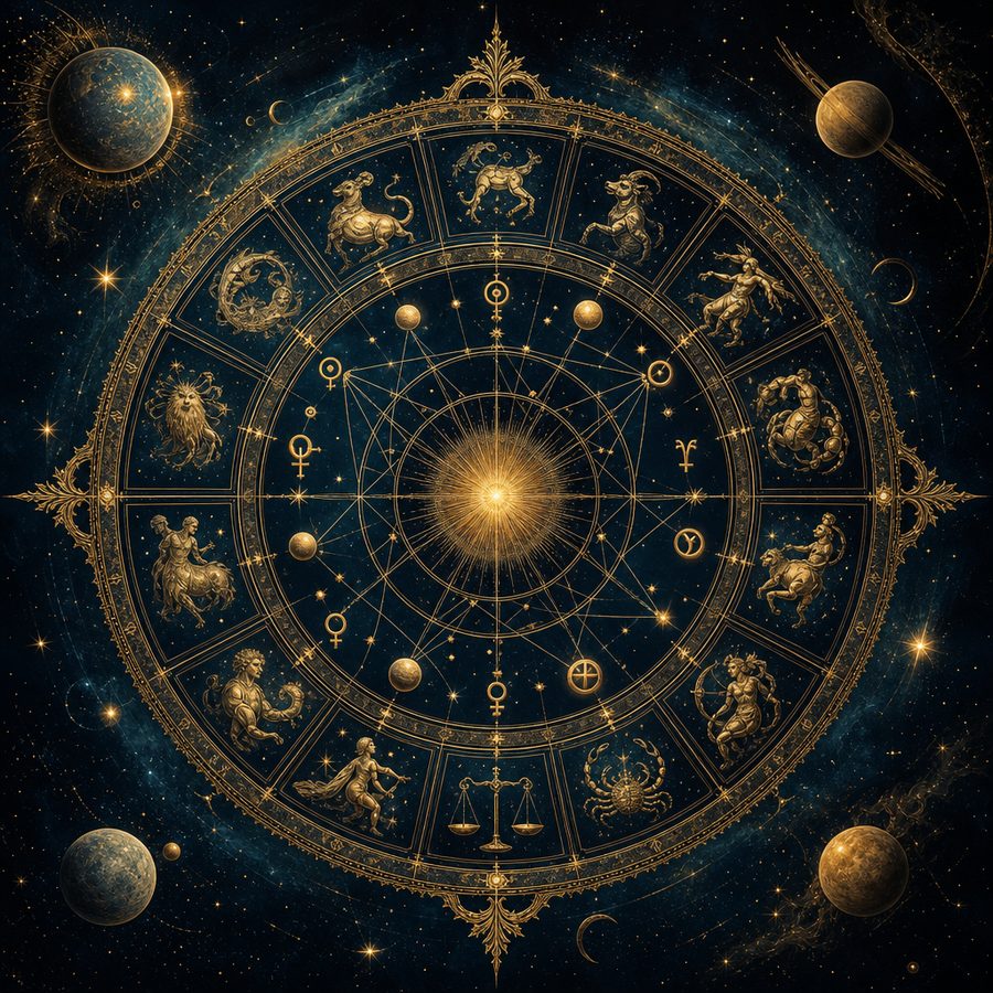 Natal birth chart wheel showing planetary positions and houses