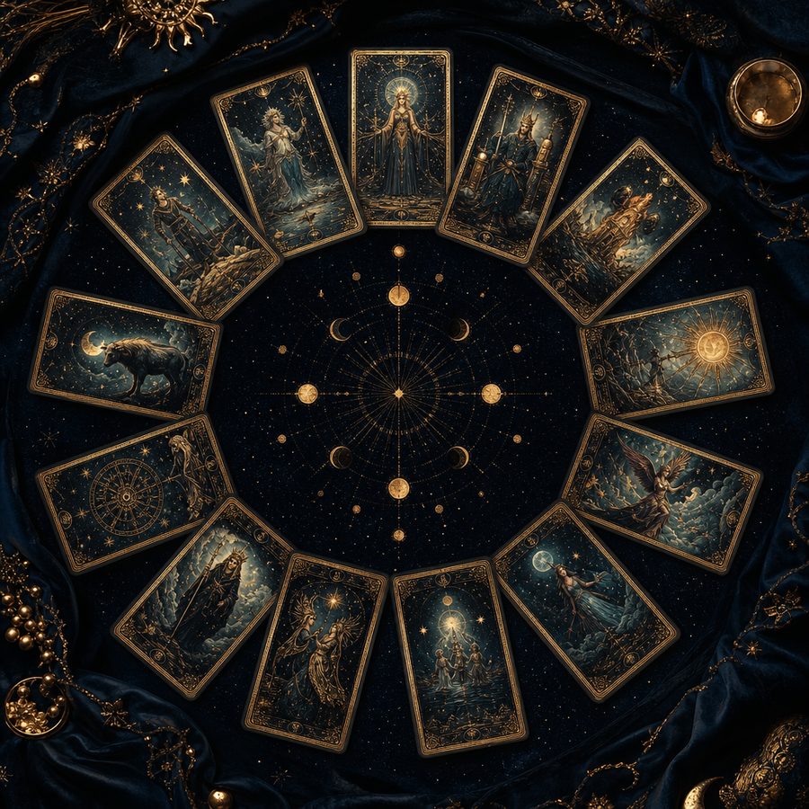 Twelve card tarot spread with one card per month of the year