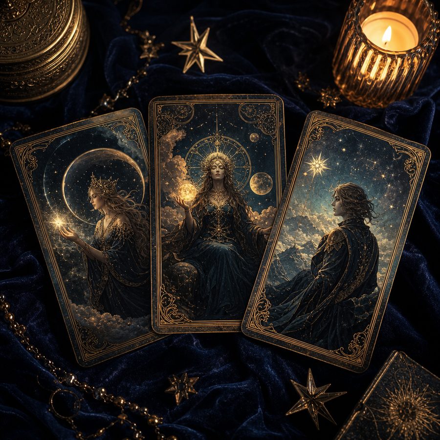 Three card tarot spread for past, present, and future