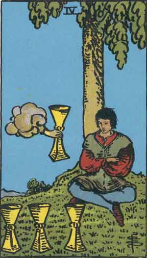 Four of Cups tarot card: a seated figure regards three cups while another is offered from a cloud