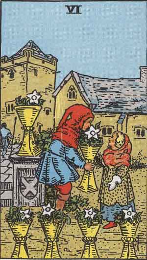 Six of Cups tarot card: an older child offers a flower-filled cup to a younger child in a garden