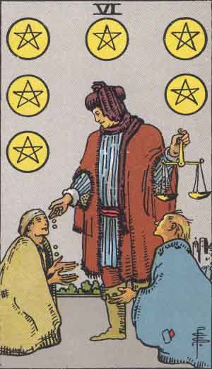 Six of Pentacles tarot card: a standing figure weighs and shares coins with two seated people