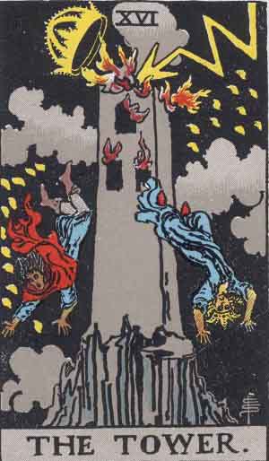 The Tower tarot card: lightning strikes a crowned tower as two figures fall